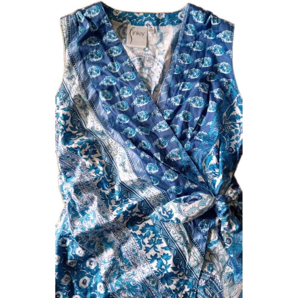 Cottagecore Porcelain Print Wrap Top Blue White Paisley Tank M Garden Party Prep - Picture 9 of 13